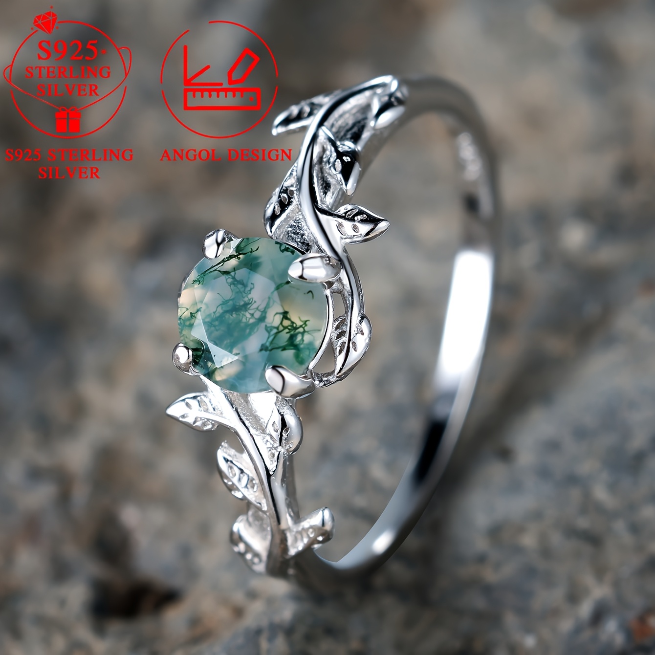 Women's S925 Sterling Silver Round Water Grass Agate Leaf Ring